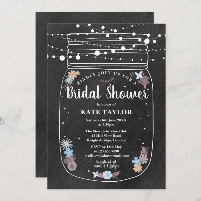 Chalkboard Mason Jar String Lights Bridal Shower Invitation (Front/Back)