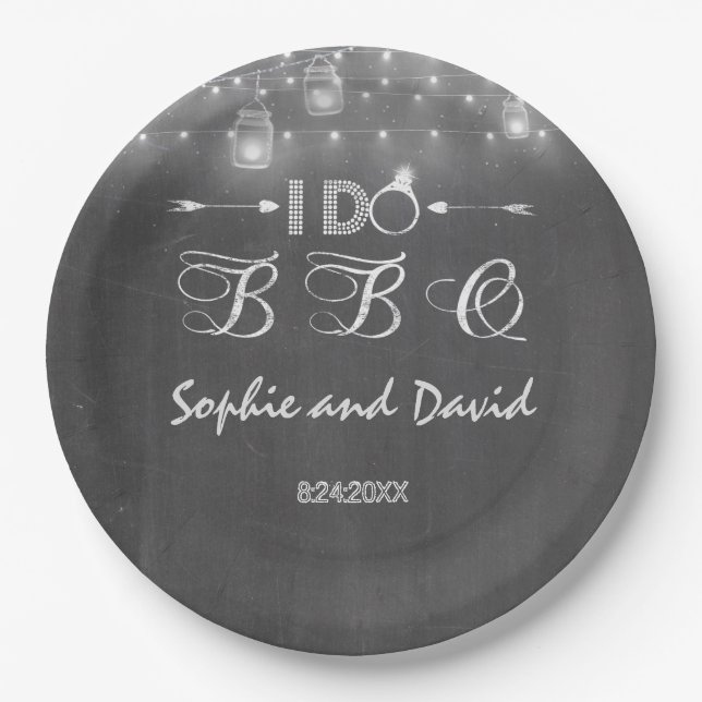 Chalkboard Mason Jars String Lights I DO BBQ Paper Plate (Front)
