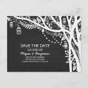 Chalkboard mason jars string lights save the date announcement postcard