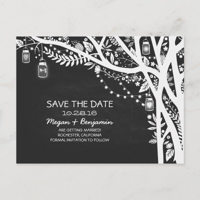 Chalkboard mason jars string lights save the date announcement postcard (Front)