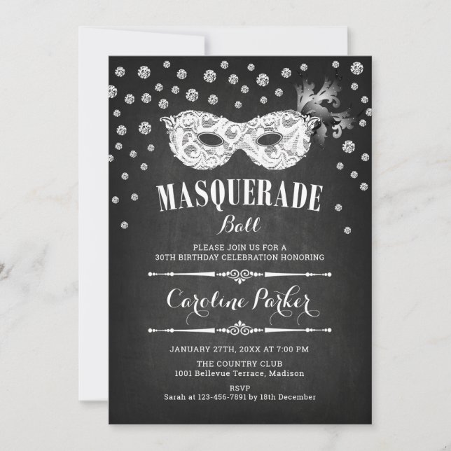 Chalkboard Masquerade Ball Birthday Party Invitation (Front)