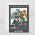 Chalkboard Merry Christmas Photo Flat Card<br><div class="desc">Frosted window pane chalkboard Christmas Holiday greeting card. Festive and fun retro style chalkboard black background with fancy holly scrolls and elegant old-fashion vintage typographic calligraphy swirl lettering. Add your favourite holiday family photo and customise the text. Modern and trendy way to send happy winter holiday greetings to all your...</div>