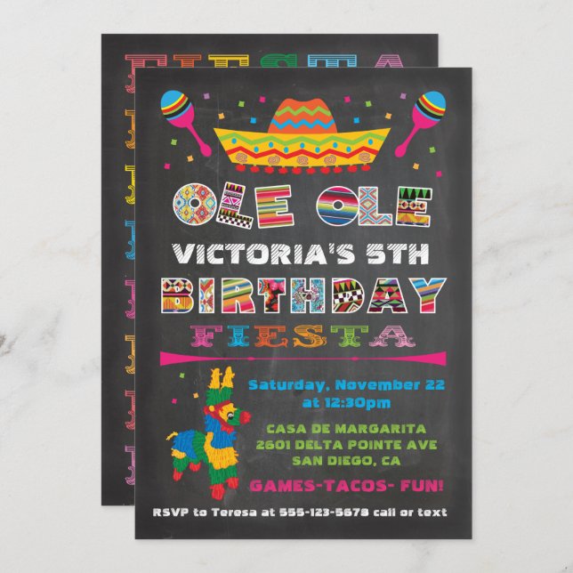 Chalkboard Mexican Fiesta Birthday Party Invitation (Front/Back)