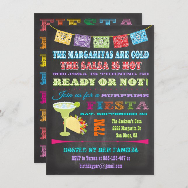 Chalkboard Mexican Fiesta Surprise Birthday Party Invitation (Front/Back)