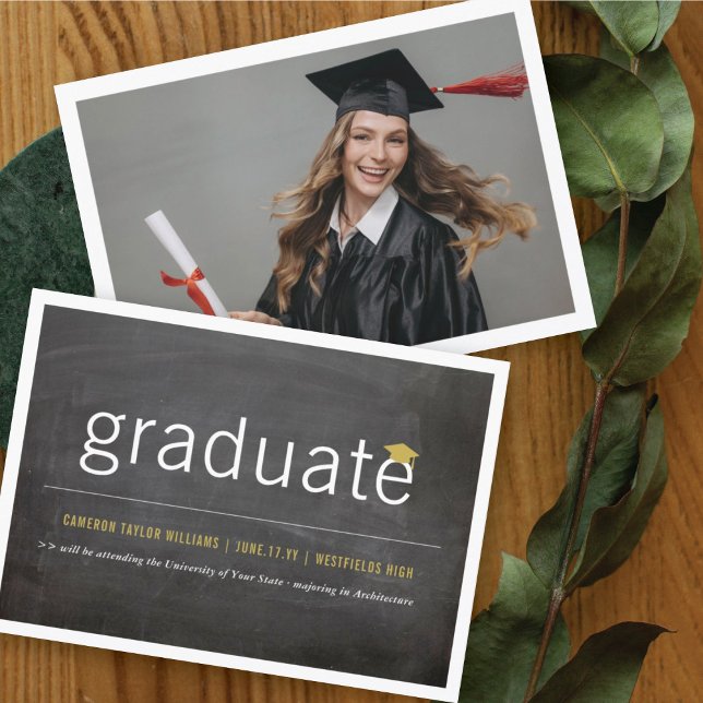Chalkboard Minimalist Graduate Photo Graduation Announcement (Black Chalkboard Minimalist Graduate Photo Graduation Announcement Card @ zazzle.com/color_therapy)