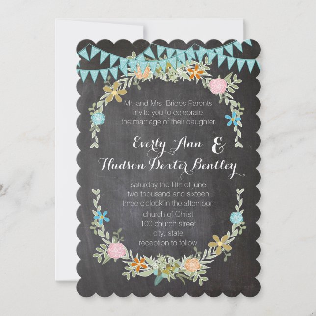 Chalkboard Mint Bunting Pennant Garland Wedding Invitation (Front)