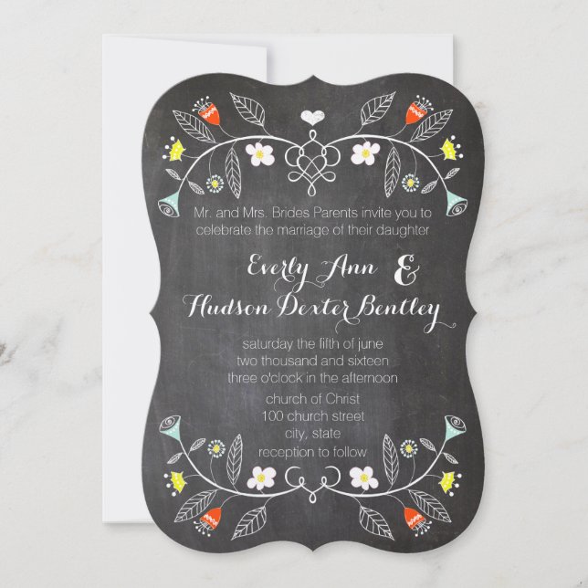 Chalkboard Mint Orange Floral Garland Wedding Invitation (Front)