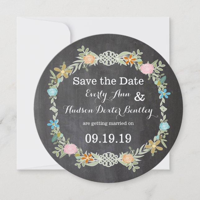 Chalkboard Mint Pink Aqua Floral Garland Wedding Save The Date (Front)