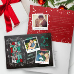 Chalkboard Mistletoe Vintage First Christmas Photo Holiday Card<br><div class="desc">Vintage Black Chalkboard Mistletoes, Love Peace Joy Kisses Our First Christmas As Mr. And Mrs., Red And Green, Bold And Colorful Modern Block Letters Typography, 2 Multi Photo Collage Holiday Wedding Announcement Card Designed by fat*fa*tin. Easy to customize with your own text, photo or image. For custom requests, please contact...</div>