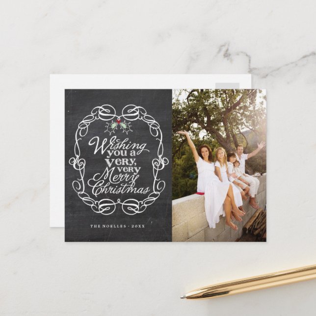Chalkboard Mistletoes Script Merry Christmas Photo Holiday Postcard (Front/Back In Situ)