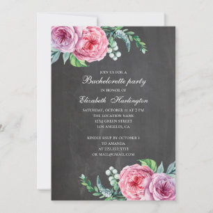 Chalkboard modern pink floral bachelorette party invitation