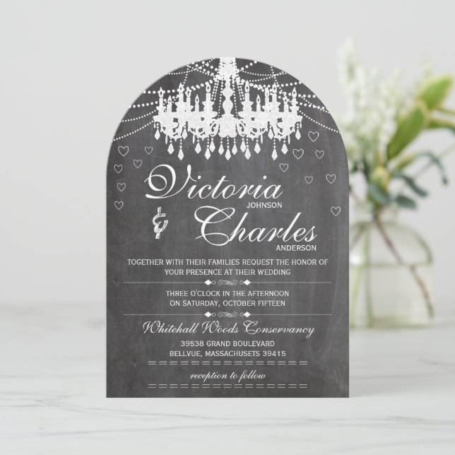 Chalkboard Modern Vintage Typography Chandelier Invitation (Standing Front)
