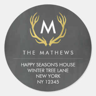 Chalkboard Monogram Antlers Return Address Label