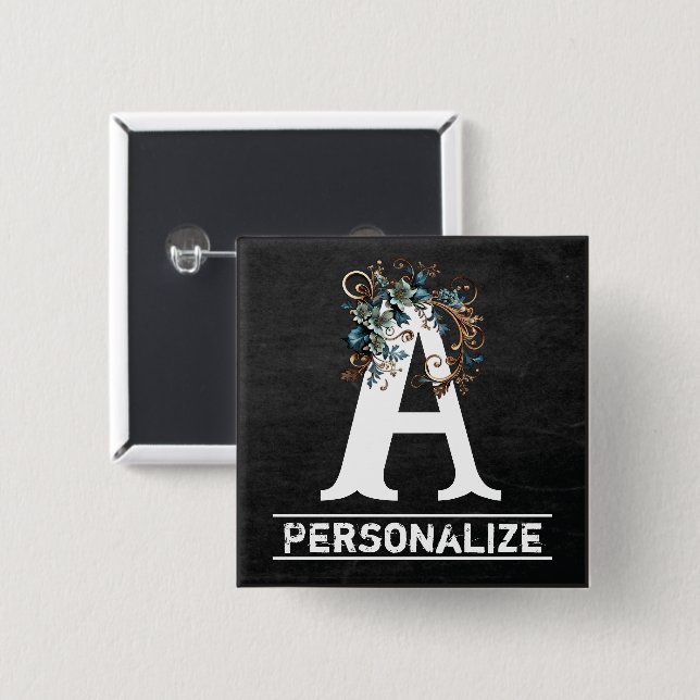 Chalkboard Monogram Letter with Blue Floral 15 Cm Square Badge (Front & Back)