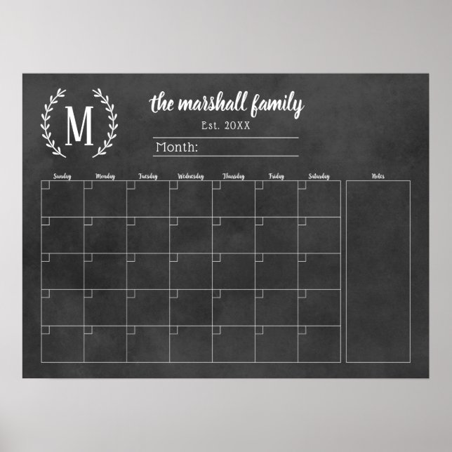 Chalkboard Monthly Family Monogram Calendar Poster (Front)