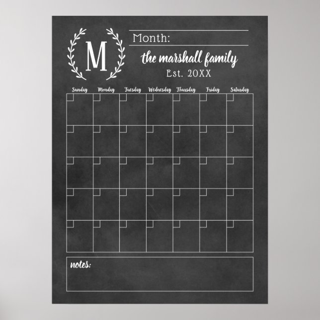Chalkboard Monthly Family Monogram Calendar Poster (Front)