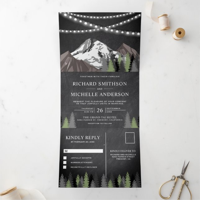 Chalkboard Mountain Forest String Lights Wedding Tri-Fold Invitation (Inside)