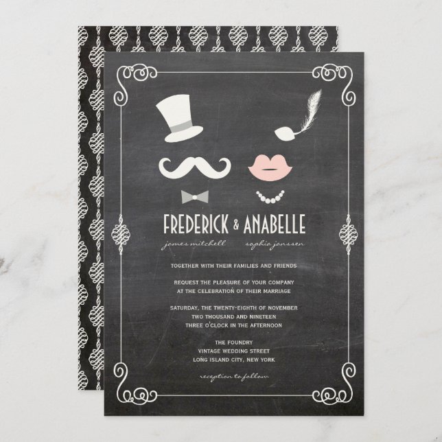 Chalkboard Moustache And Lips Vintage Chic Wedding Invitation (Front/Back)