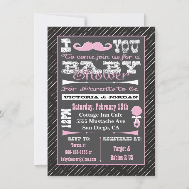 Chalkboard Moustache Girl Baby Shower Party Invitation (Front)