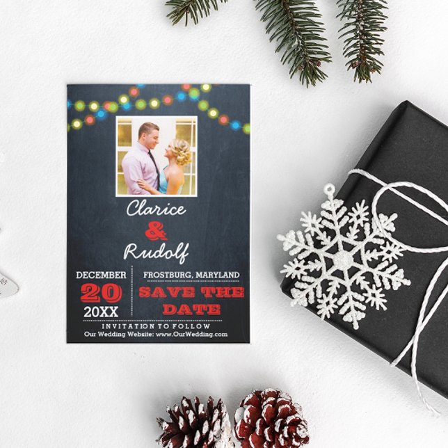 Chalkboard Multi Lights Red Wedding Save the Date Announcement Postcard (Creator Uploaded)