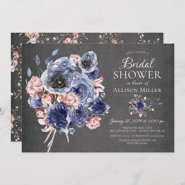Chalkboard Navy Blush Floral Bridal Shower Invitation (Front/Back)