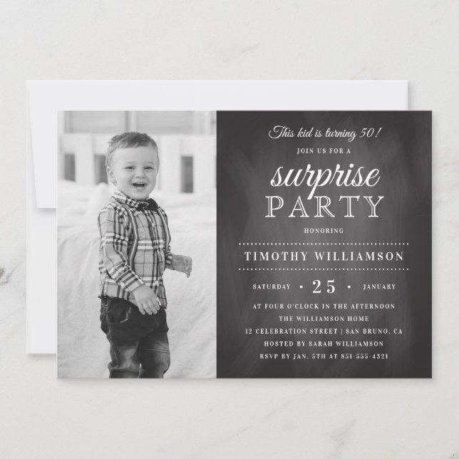 Chalkboard | Old & New Photo Surprise Birthday Invitation (Front)