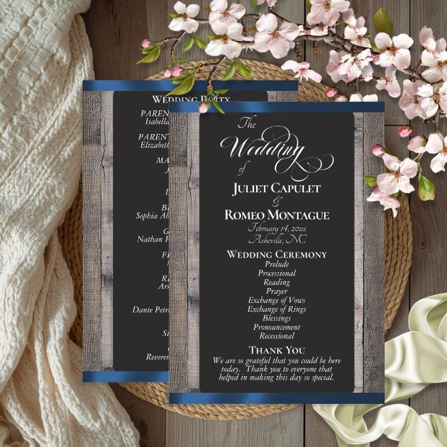 Chalkboard on Wood & Dark Blue Ribbon - Wedding Program (Creator Uploaded)