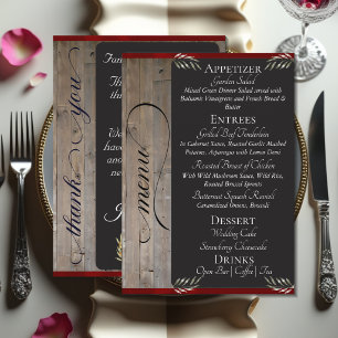 Chalkboard on Wood, Monogram & Thank You - Red Menu
