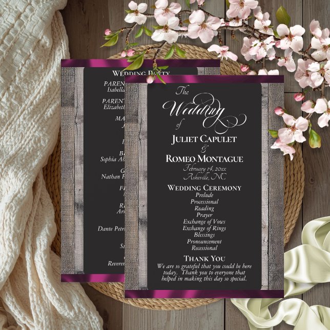 Chalkboard on Wood & Plum Ribbon - Wedding Program (Creator Uploaded)