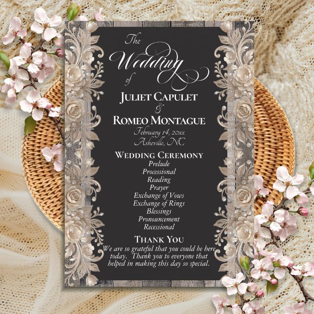 Chalkboard on Wood, Rose Border - Wedding Program (Creator Uploaded)