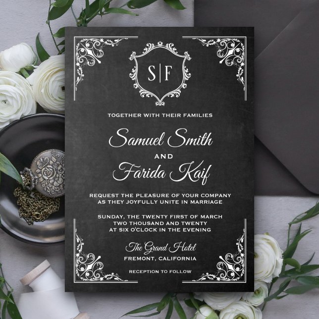 Chalkboard Ornate Monogram Wedding Invitation (Creator Uploaded)