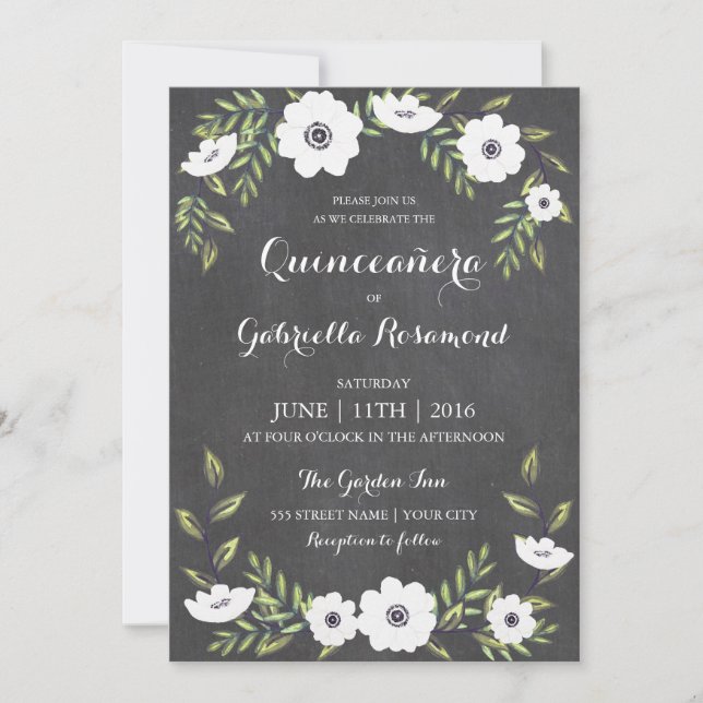 Chalkboard Painted Anemones - Quinceañera Invite (Front)