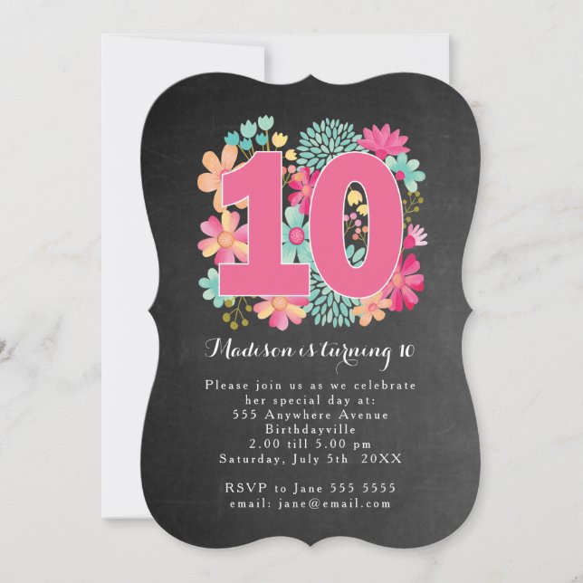 Chalkboard Painted Floral 10th Birthday Party Invitation (Front)