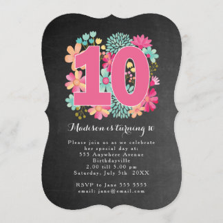 Chalkboard Painted Floral 10th Birthday Party Invitation