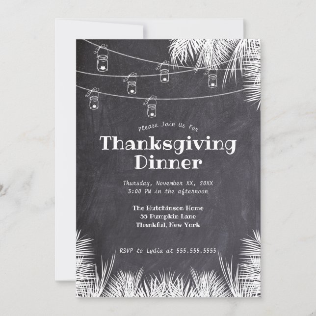 Chalkboard Palm Leaves Hanging Lights Thanksgiving Invitation (Front)