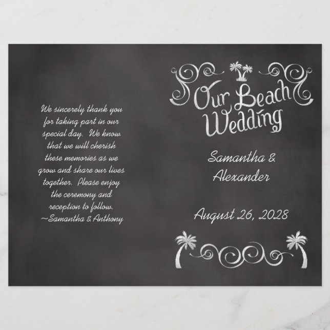 Chalkboard Palm Tree Beach Wedding Program (Front)
