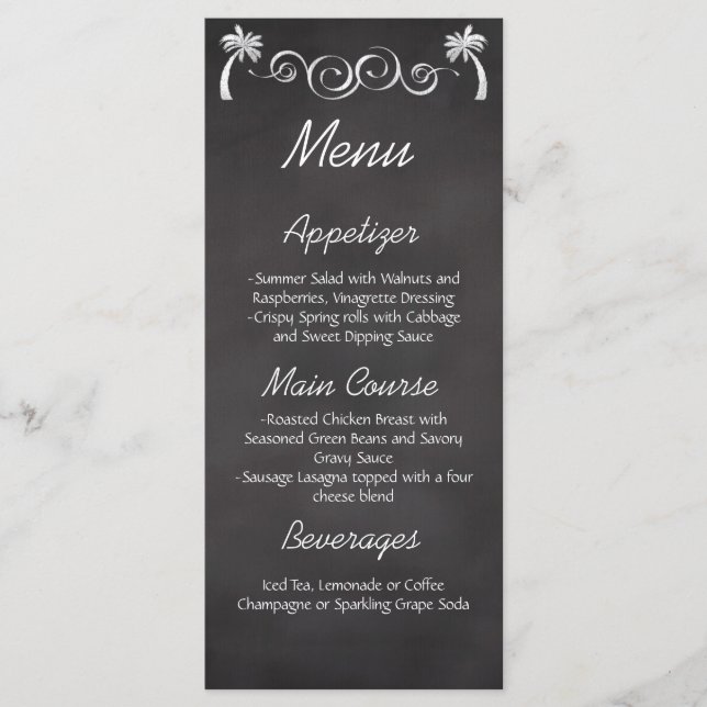 Chalkboard Palm Tree Beach Wedding Reception Menu (Front)