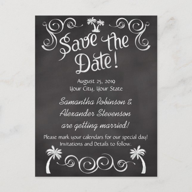 Chalkboard Palm Tree Beach Wedding Save the Date Announcement Postcard (Front)