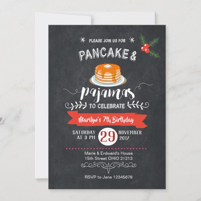 Chalkboard Pancake and Pyjamas Birthday Invitation (Front)