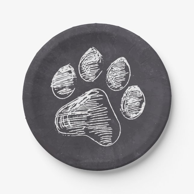 Chalkboard Paw Print - Puppy Pawty - Dog Birthday Paper Plate (Front)