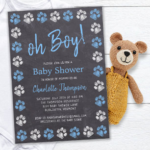 Chalkboard Paw Prints Blue Boy Baby Shower Invitation
