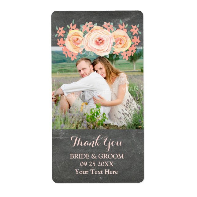 Chalkboard Peach Floral Photo Wedding Label (Front)