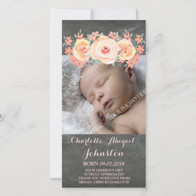 Chalkboard Peach Flowers Thank You Baby Shower Card (Front)