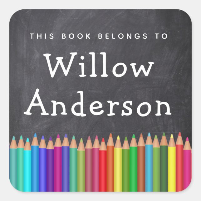 Chalkboard Pencils Name Bookplate Square Sticker (Front)