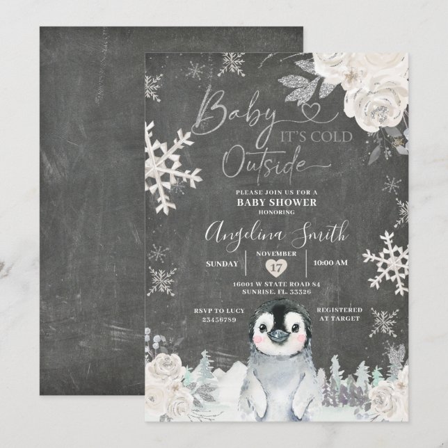 Chalkboard Penguin Snowflake Floral Baby Shower  Invitation (Front/Back)