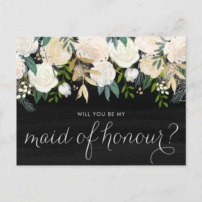 Chalkboard Peonies Will You Be My Maid of Honour Invitation Postcard (Front)