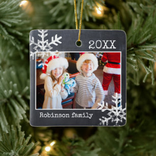 Chalkboard Photo Border White Snowflakes Holiday Ceramic Ornament