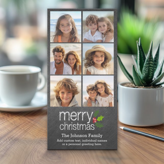 Chalkboard Photo Collage Merry Christmas Holly Holiday Card (Classic Christmas Photo Card)