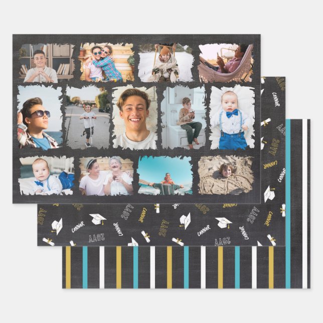 Chalkboard Photo Collage Name Year Graduate Wrapping Paper Sheet (Set)