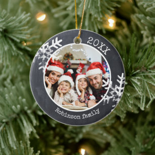Chalkboard Photo Family Christmas Snowflake Ceramic Ornament